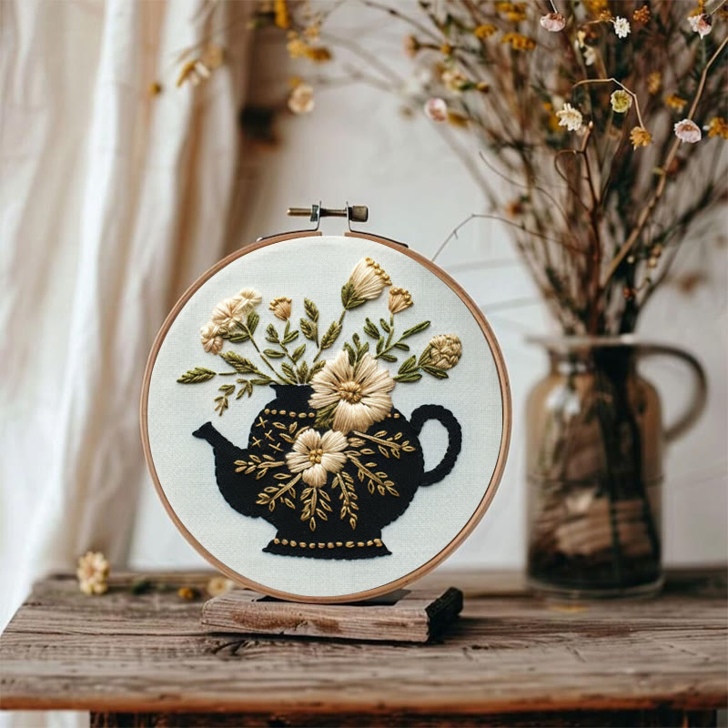 Rubbyoo Embroidery Kit - Black Teapot With Flowers | Diy Needlework Craft