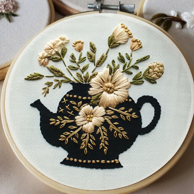 Rubbyoo Embroidery Kit - Black Teapot With Flowers | Diy Needlework Craft