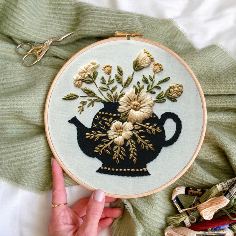 Rubbyoo Embroidery Kit - Black Teapot With Flowers | Diy Needlework Craft