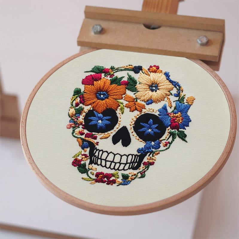 Rubbyoo Embroidery Kit - Skull With Violet Flowers | Holiday Diy Craft Kit