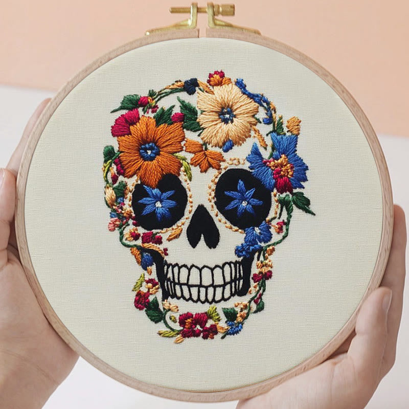 Rubbyoo Embroidery Kit - Skull With Violet Flowers | Holiday Diy Craft Kit