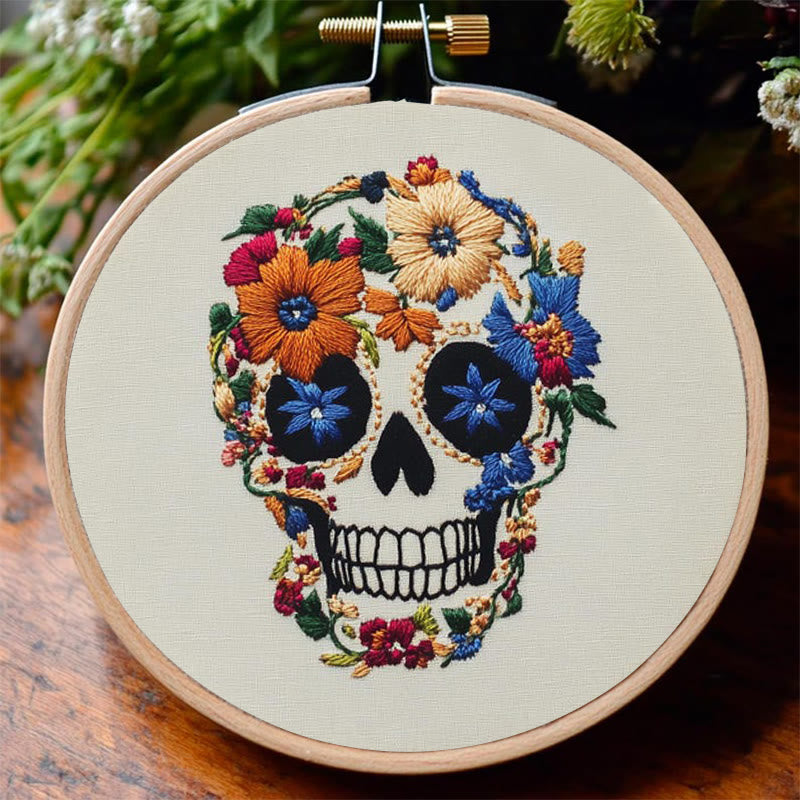 Rubbyoo Embroidery Kit - Skull With Violet Flowers | Holiday Diy Craft Kit