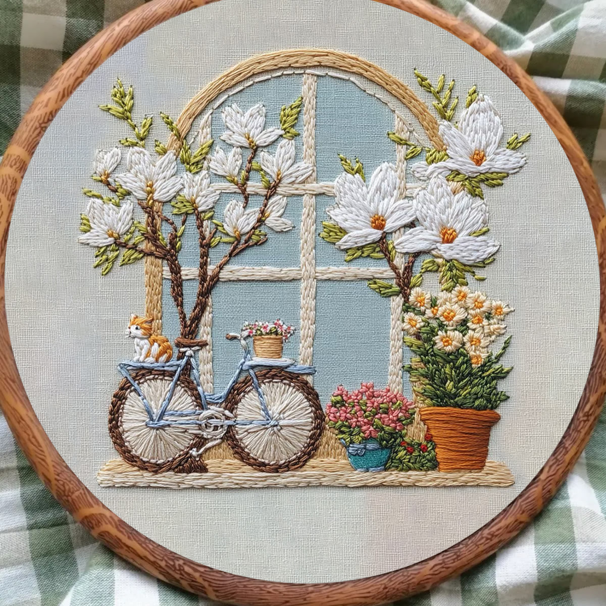 Rubbyoo Embroidery Kit - Bicycle Parked By Window Full Of Flowers | Diy Craft Kits