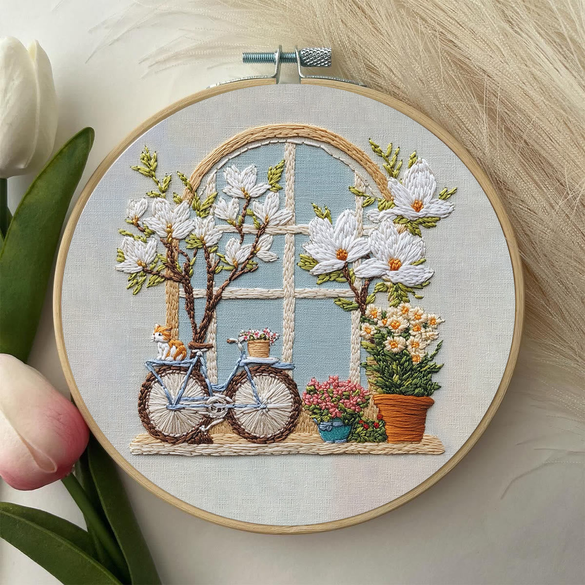 Rubbyoo Embroidery Kit - Bicycle Parked By Window Full Of Flowers | Diy Craft Kits