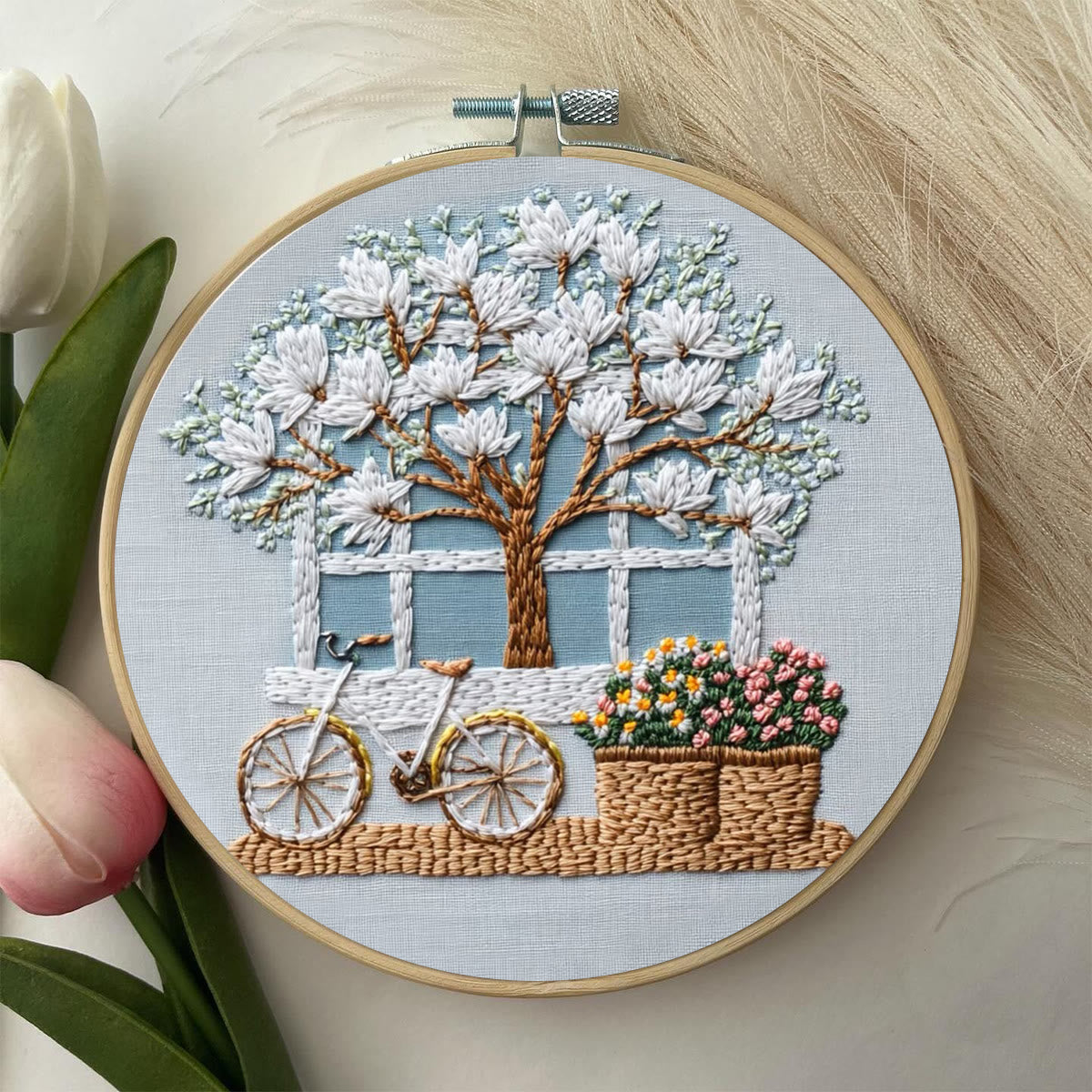 Rubbyoo Embroidery Kit - Bicycle With Beautiful Flowers | Diy Stitching Craft Kits