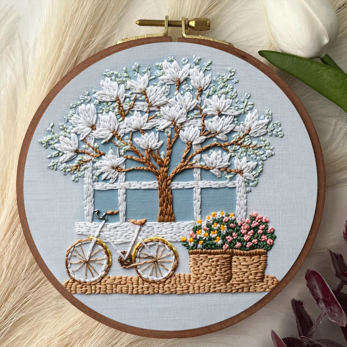 Rubbyoo Embroidery Kit - Bicycle With Beautiful Flowers | Diy Stitching Craft Kits