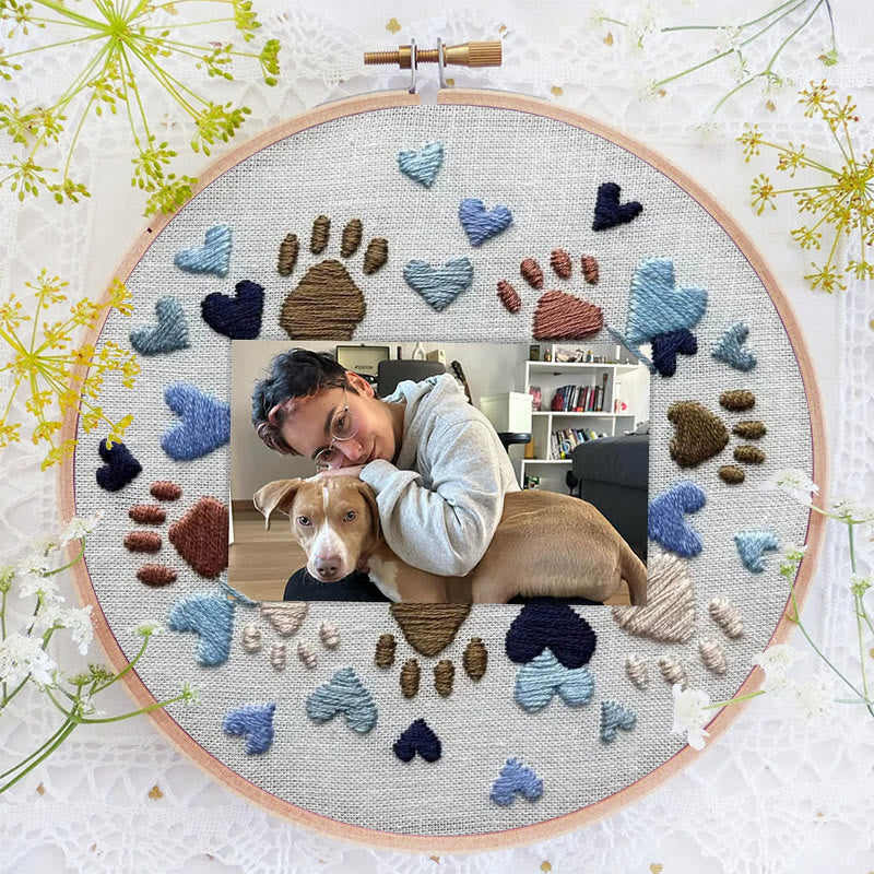 Rubbyoo Embroidery Photo Frame Kit - Adorable Paw Print | Memorable Handmade Craft | Diy Needle Artwork