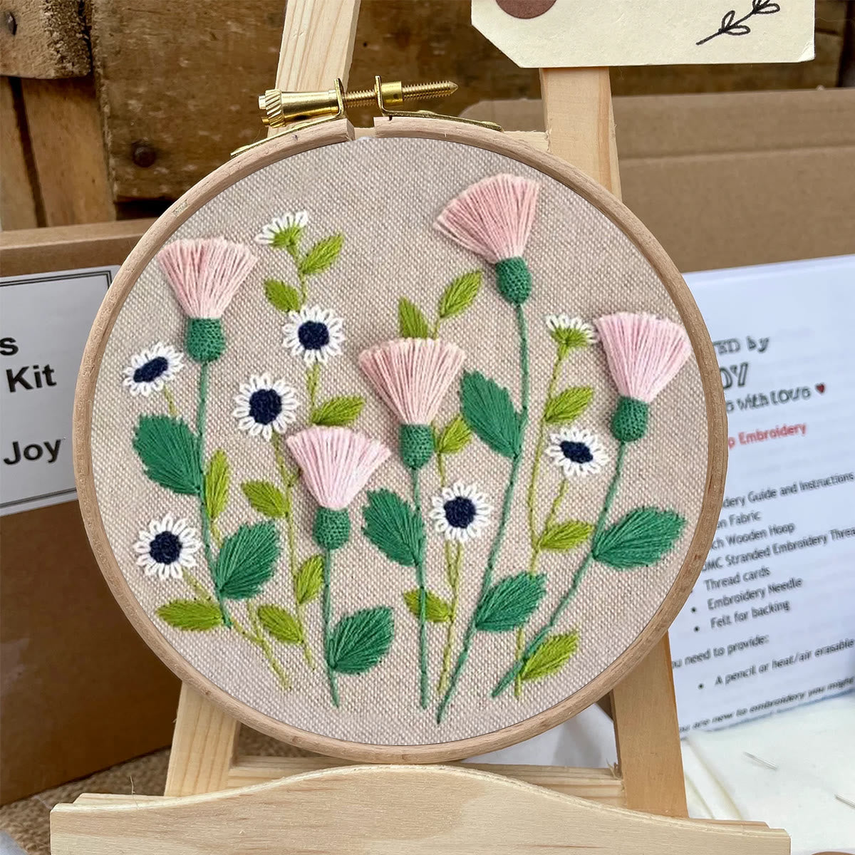 Rubbyoo Embroidery Kit- Pink Floral Pattern | Embroidery Kit For Beginner,Modern Embroidery