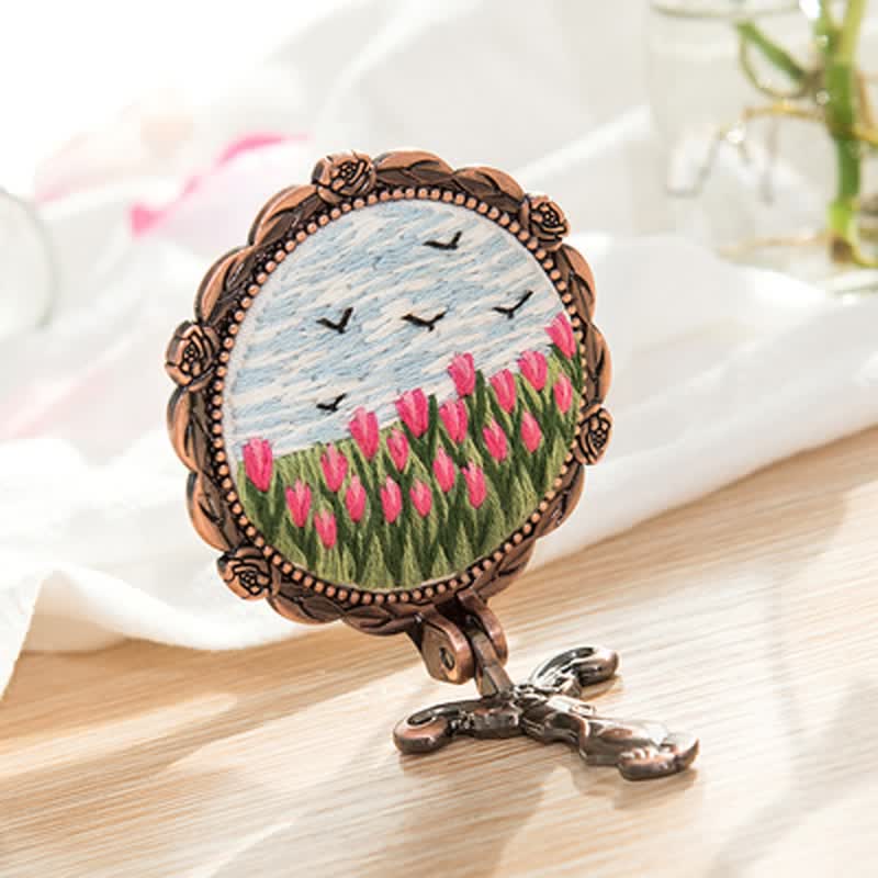 Needle kit Handheld Mirror | Floral Embroidered Compact Mirror | Great gift for your loved one