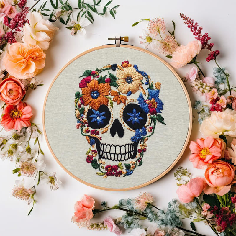 Rubbyoo Embroidery Kit - Skull With Violet Flowers | Holiday Diy Craft Kit