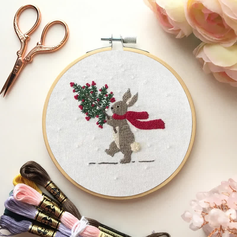 Rubbyoo Embroidery Kit - Xmas Bunny In The Woods | Beginner Friendly Embroidery
