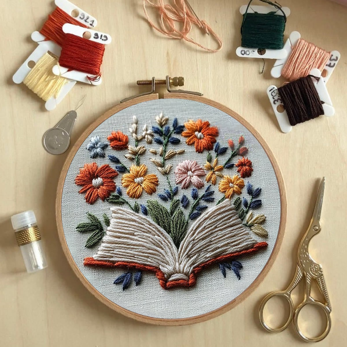 Rubbyoo Embroidery Kit - Blooming Pages | Starter Kit Wall Decor
