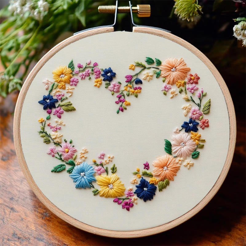 Rubbyoo Embroidery Kit - Vibrant Floral Wreath Heart | Beginner Friendly Craft