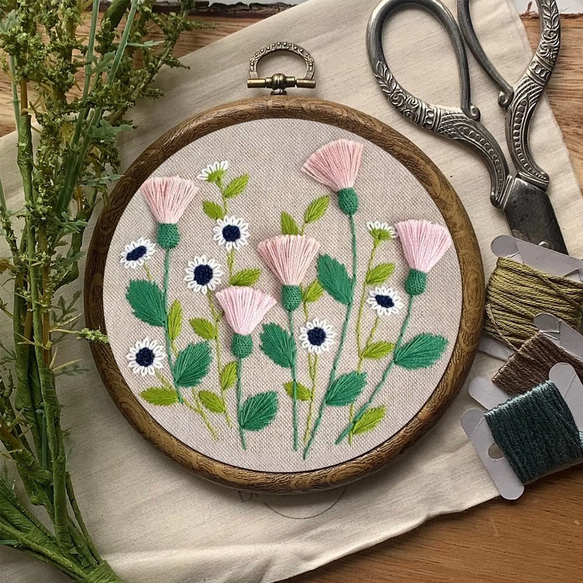 Rubbyoo Embroidery Kit- Pink Floral Pattern | Embroidery Kit For Beginner,Modern Embroidery