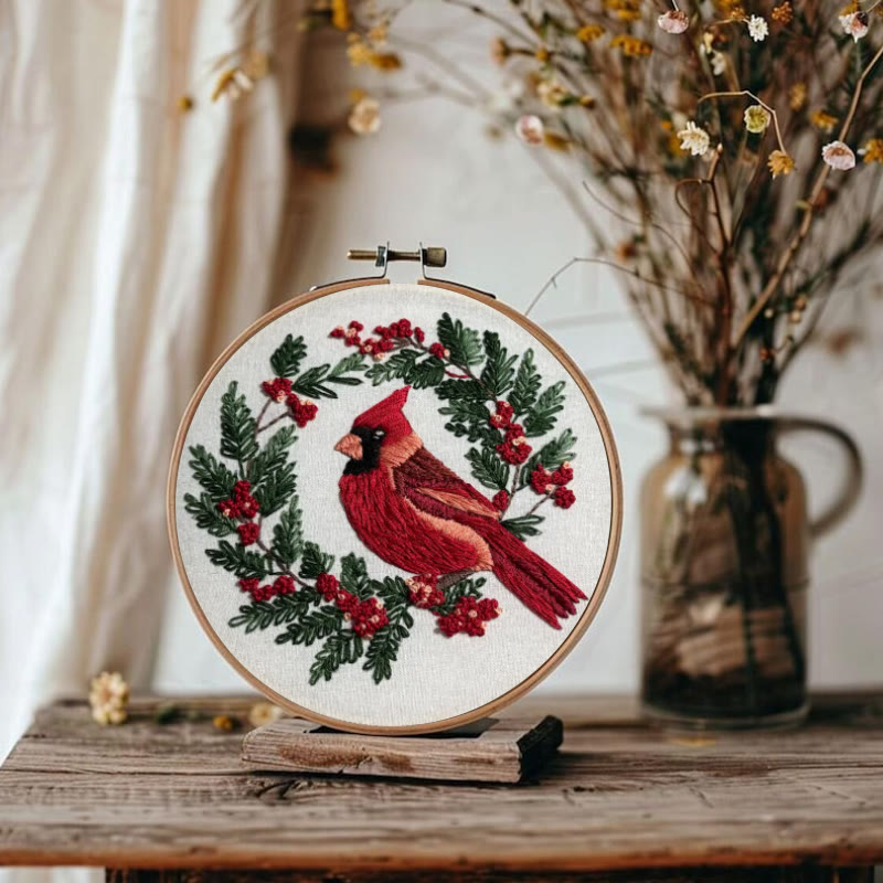 Rubbyoo Embroidery Kit - Red Cardinal On A Tree | Holiday Needle Craft Gifts