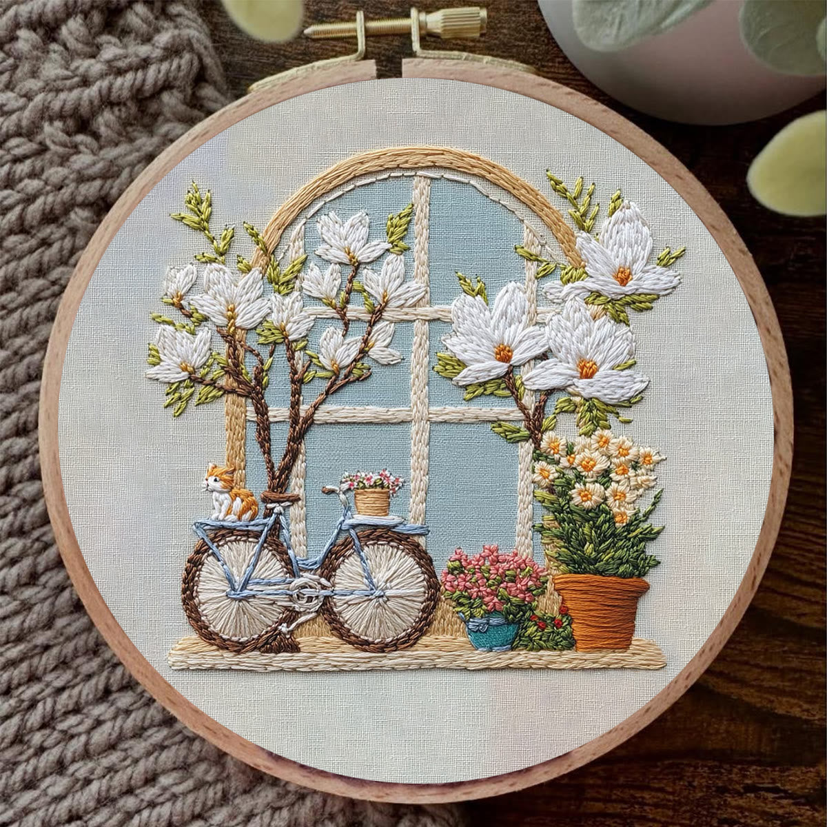 Rubbyoo Embroidery Kit - Bicycle Parked By Window Full Of Flowers | Diy Craft Kits