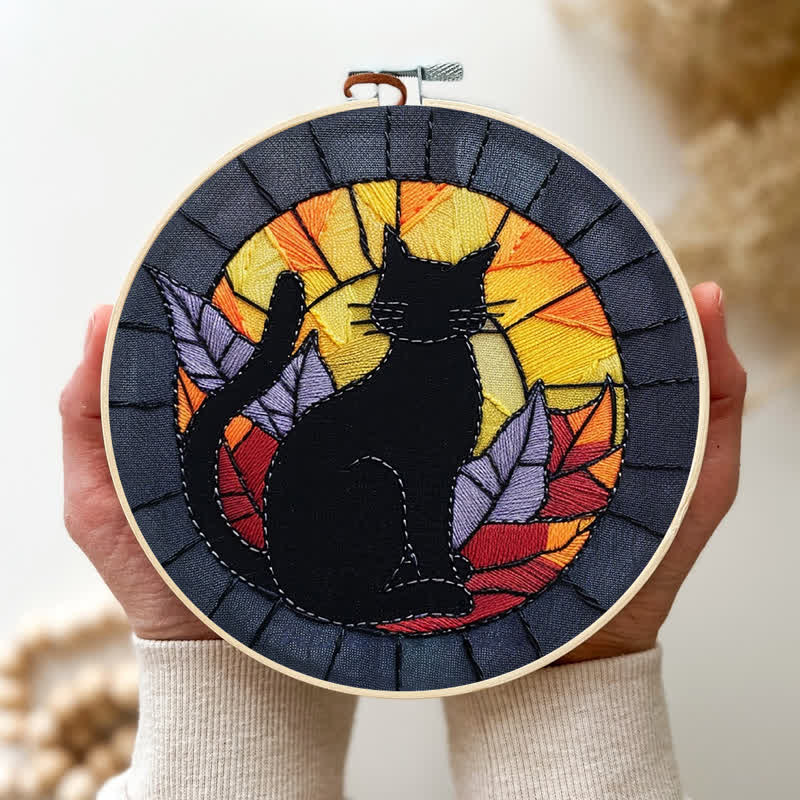 Rubbyoo Embroidery Kit - Halloween Black Cat Stained Glass