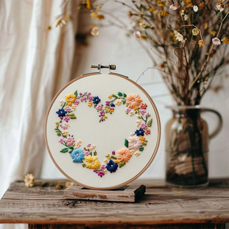 Rubbyoo Embroidery Kit - Vibrant Floral Wreath Heart | Beginner Friendly Craft