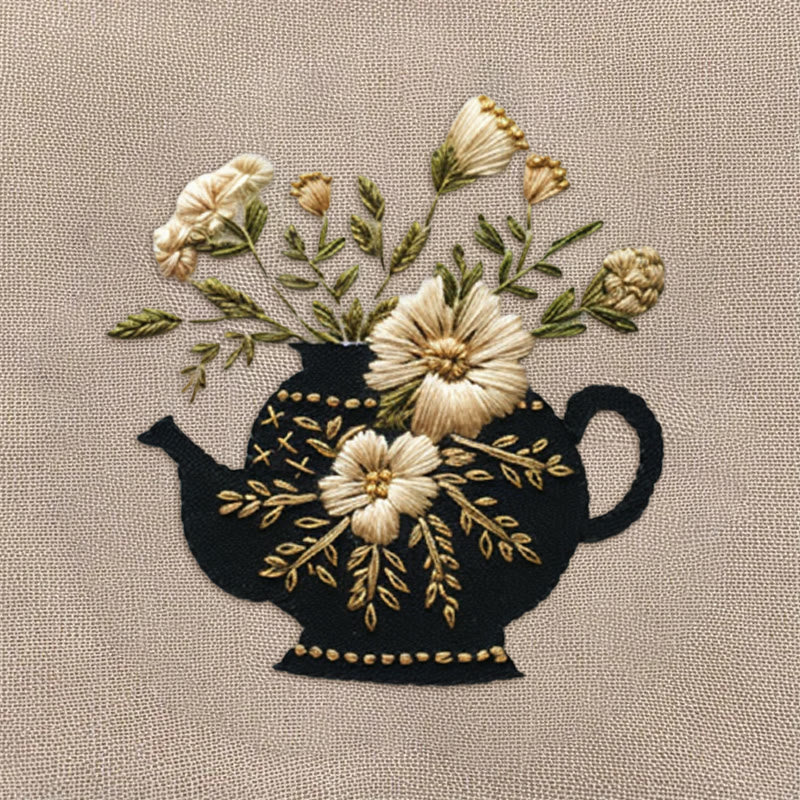 Rubbyoo Embroidery Kit - Black Teapot With Flowers | Diy Needlework Craft