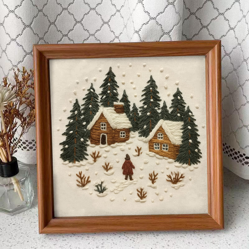 Rubbyoo Embroidery Kit - Snowy Town | Winter Landscape Craft | Christmas Handmade Decor