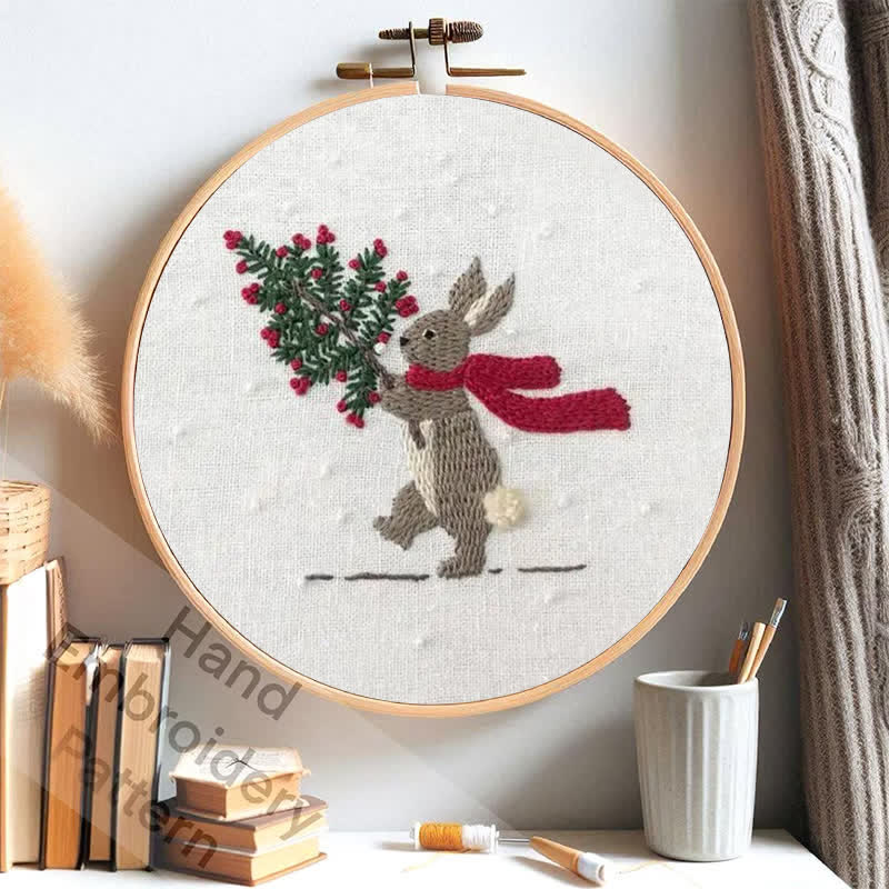 Rubbyoo Embroidery Kit - Xmas Bunny In The Woods | Beginner Friendly Embroidery