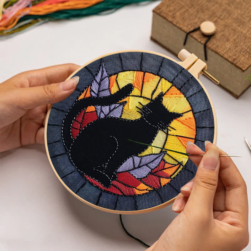Rubbyoo Embroidery Kit - Halloween Black Cat Stained Glass