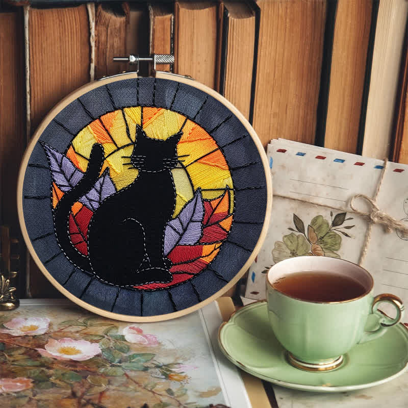 Rubbyoo Embroidery Kit - Halloween Black Cat Stained Glass