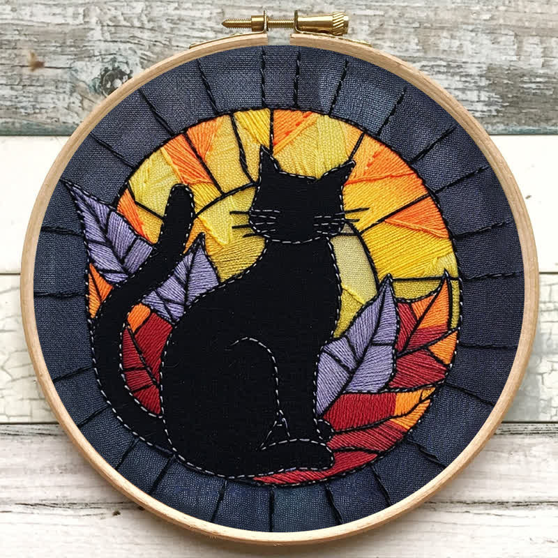 Rubbyoo Embroidery Kit - Halloween Black Cat Stained Glass