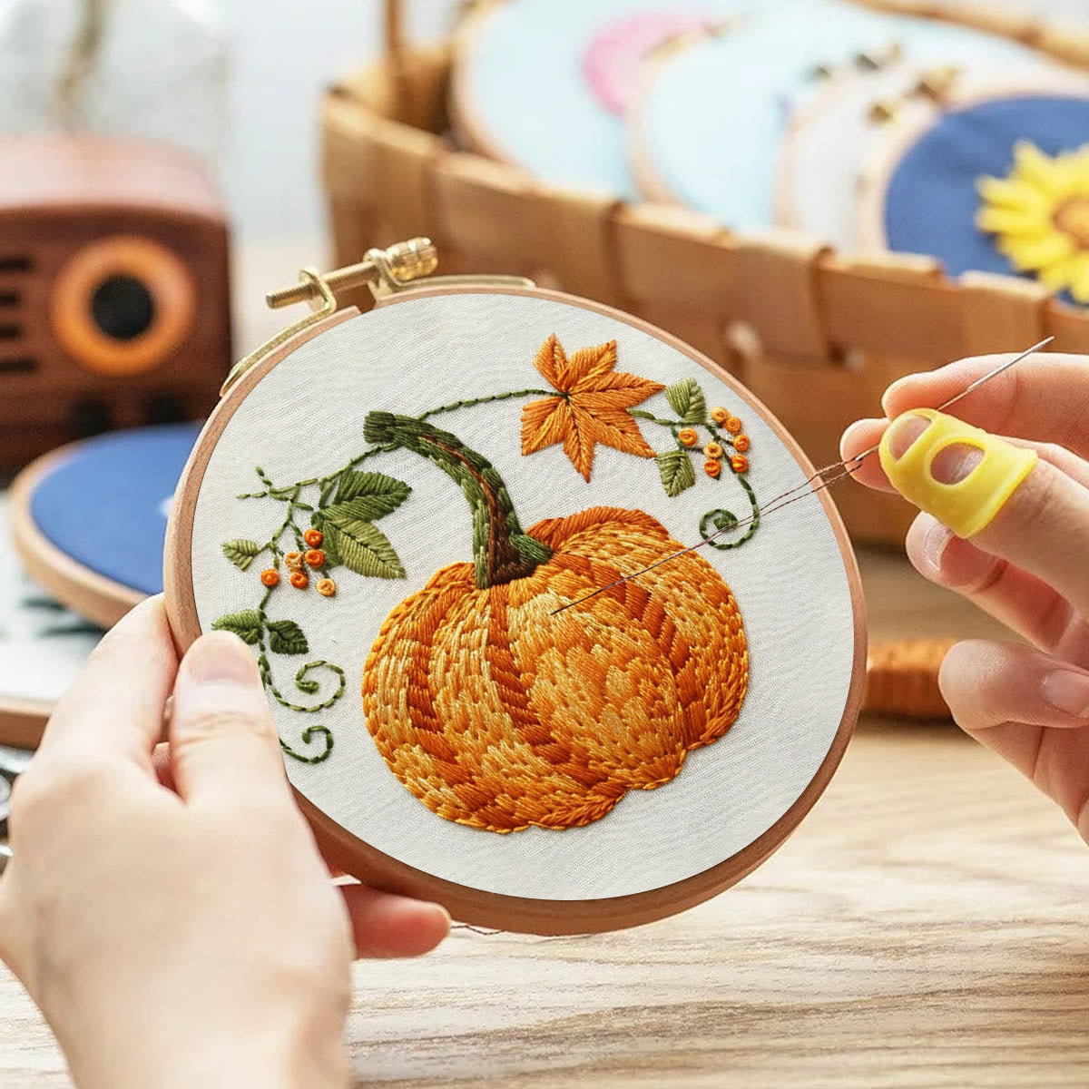 Rubbyoo Embroidery Kit- Pumpkin Easy  Embroidery Kit For Beginners | Cozy Crafts