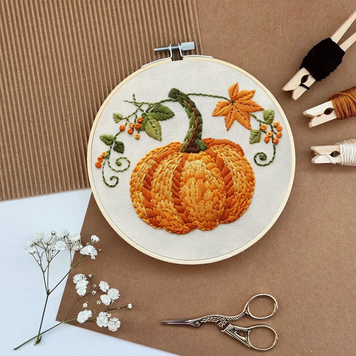Rubbyoo Embroidery Kit- Pumpkin Easy  Embroidery Kit For Beginners | Cozy Crafts