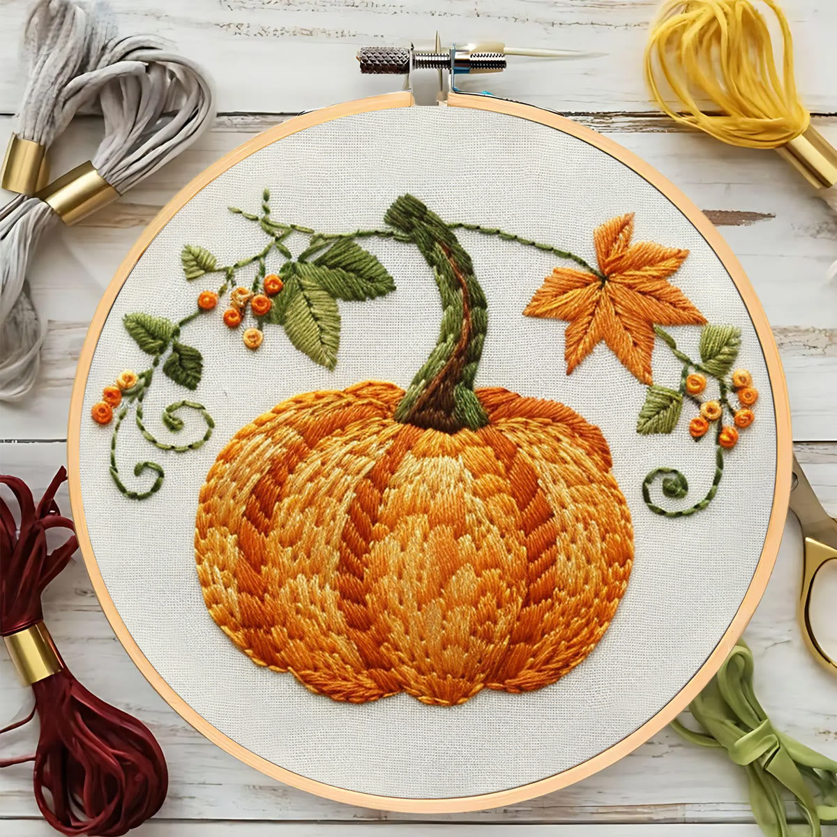Rubbyoo Embroidery Kit- Pumpkin Easy  Embroidery Kit For Beginners | Cozy Crafts