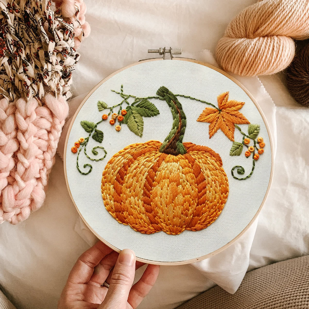 Rubbyoo Embroidery Kit- Pumpkin Easy  Embroidery Kit For Beginners | Cozy Crafts