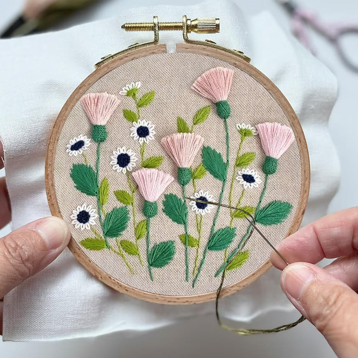 Rubbyoo Embroidery Kit- Pink Floral Pattern | Embroidery Kit For Beginner,Modern  Embroidery