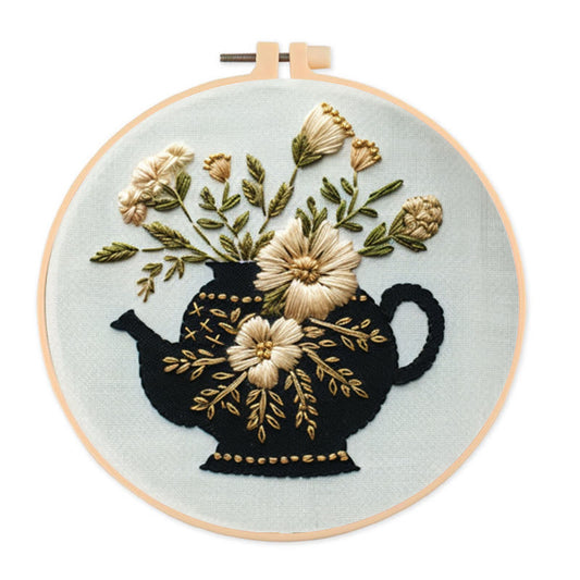 Rubbyoo Embroidery Kit - Black Teapot With Flowers | Diy Needlework Craft