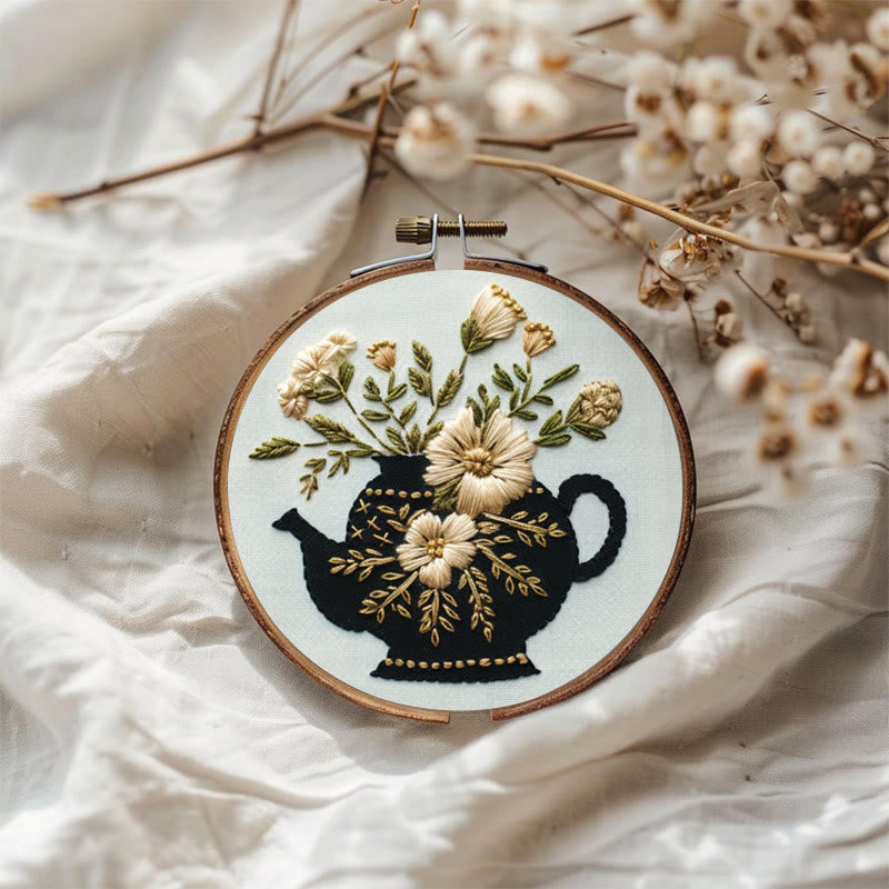 Rubbyoo Embroidery Kit - Black Teapot With Flowers | Diy Needlework Craft