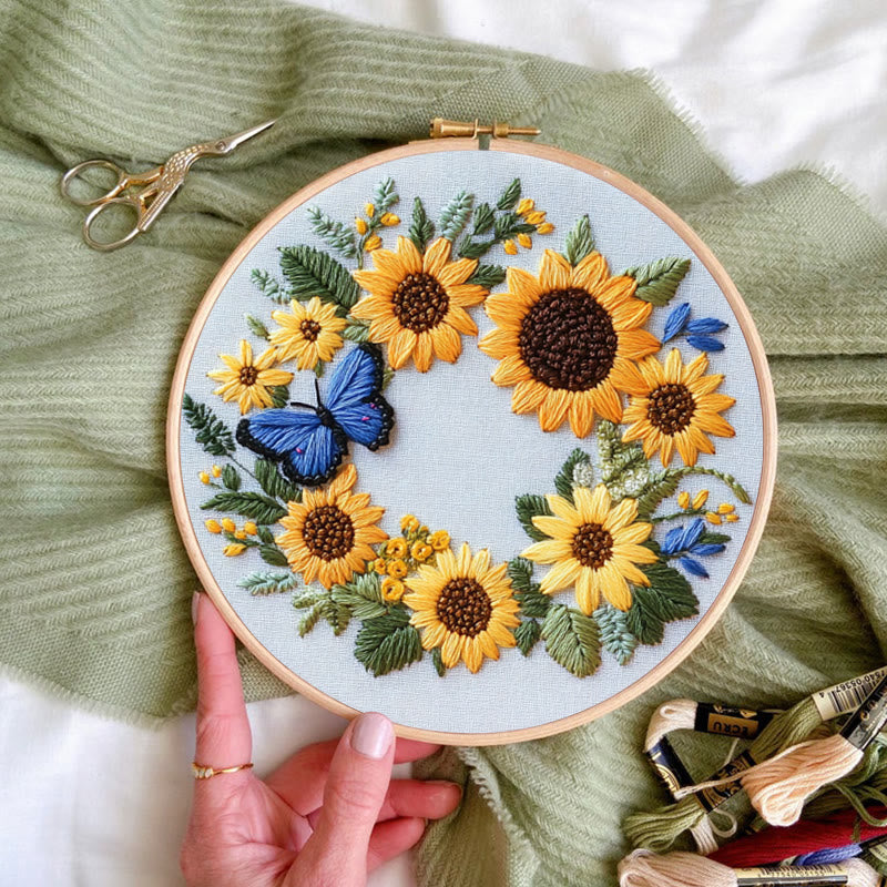 Rubbyoo Embroidery Kit - Sunflowers Wreath And Butterfly | Needlework Gifts