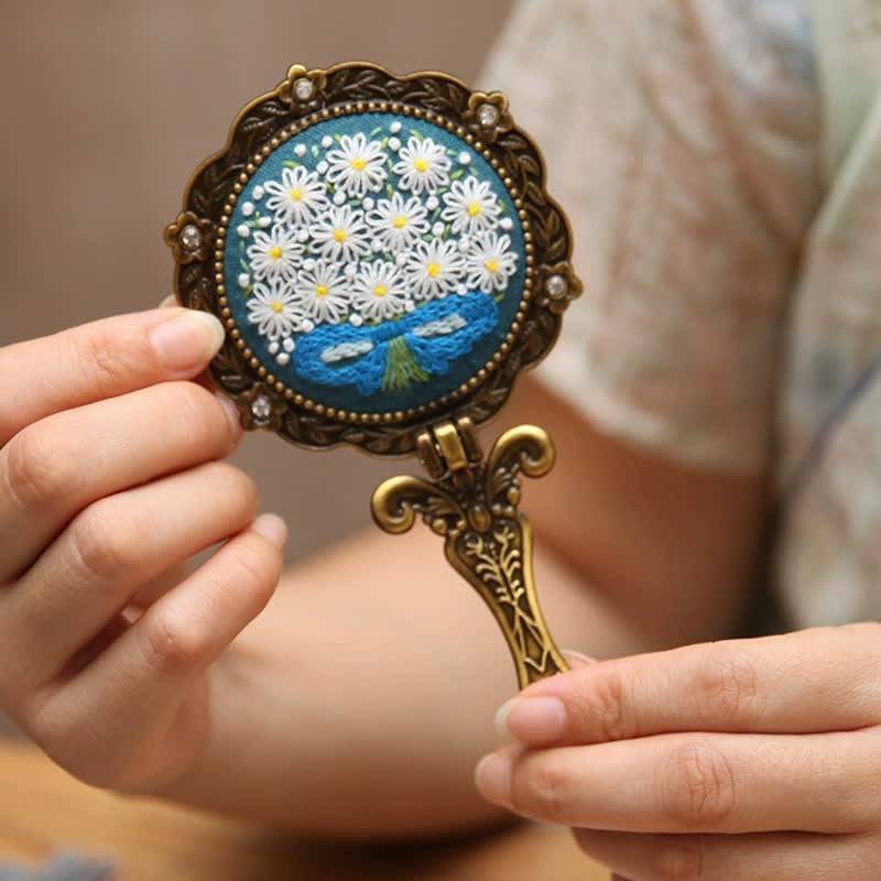 Needle kit Handheld Mirror | Floral Embroidered Compact Mirror | Great gift for your loved one