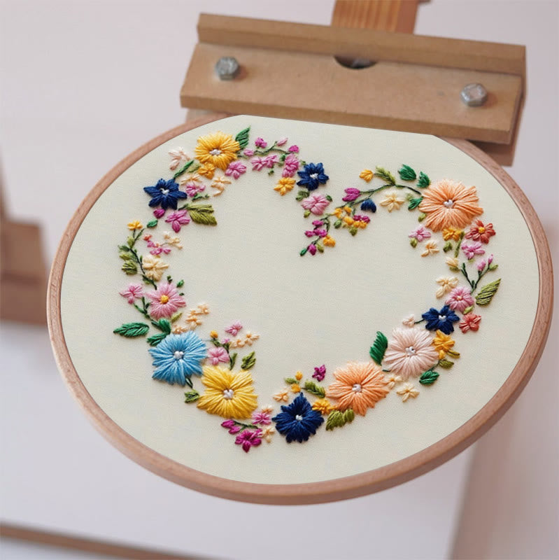 Rubbyoo Embroidery Kit - Vibrant Floral Wreath Heart | Beginner Friendly Craft