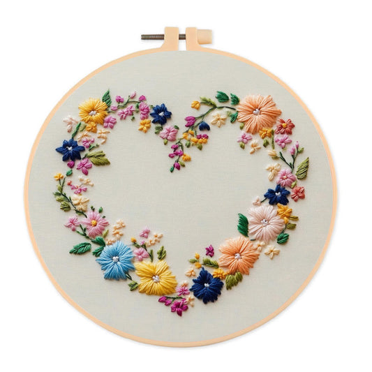 Rubbyoo Embroidery Kit - Vibrant Floral Wreath Heart | Beginner Friendly Craft