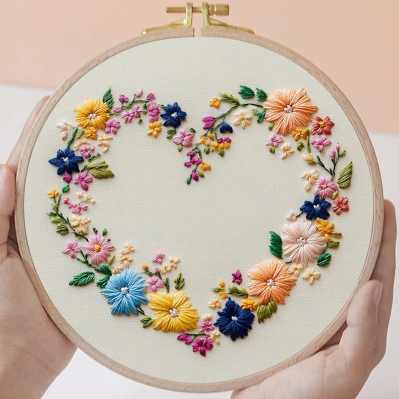 Rubbyoo Embroidery Kit - Vibrant Floral Wreath Heart | Beginner Friendly Craft