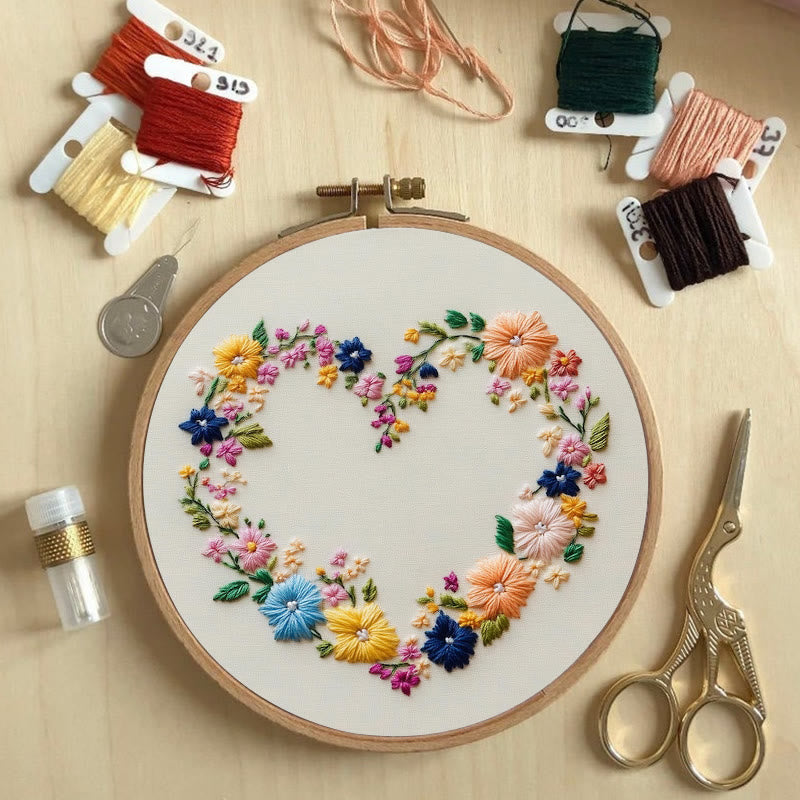 Rubbyoo Embroidery Kit - Vibrant Floral Wreath Heart | Beginner Friendly Craft