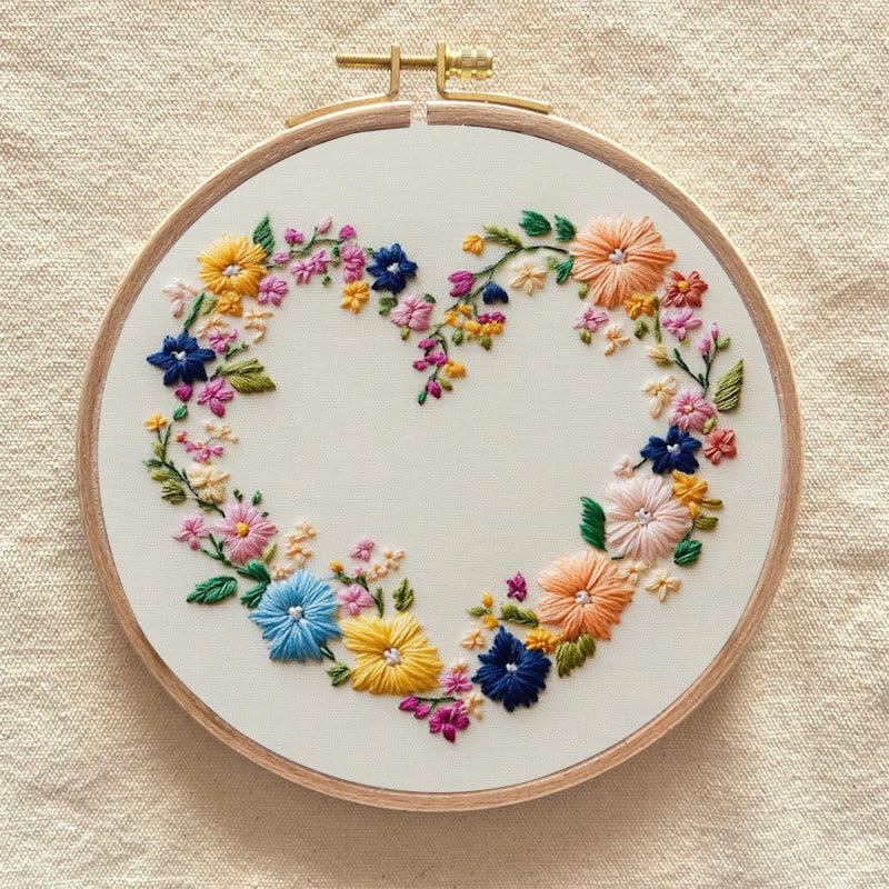 Rubbyoo Embroidery Kit - Vibrant Floral Wreath Heart | Beginner Friendly Craft