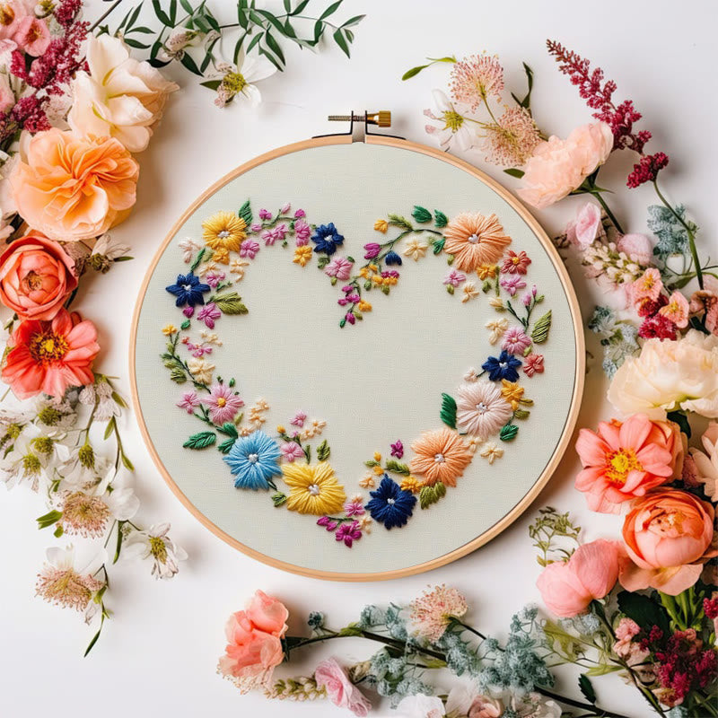 Rubbyoo Embroidery Kit - Vibrant Floral Wreath Heart | Beginner Friendly Craft