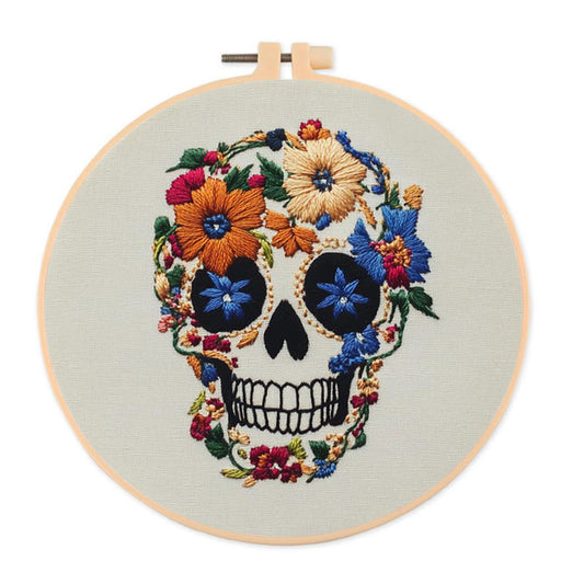 Rubbyoo Embroidery Kit -  Skull With Violet Flowers | Holiday Diy Craft Kit