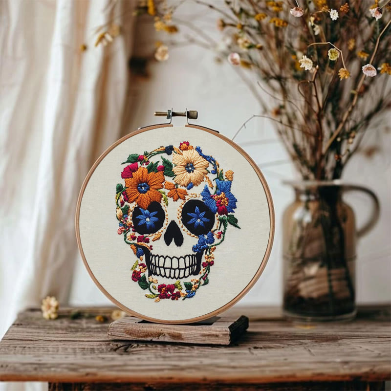 Rubbyoo Embroidery Kit -  Skull With Violet Flowers | Holiday Diy Craft Kit