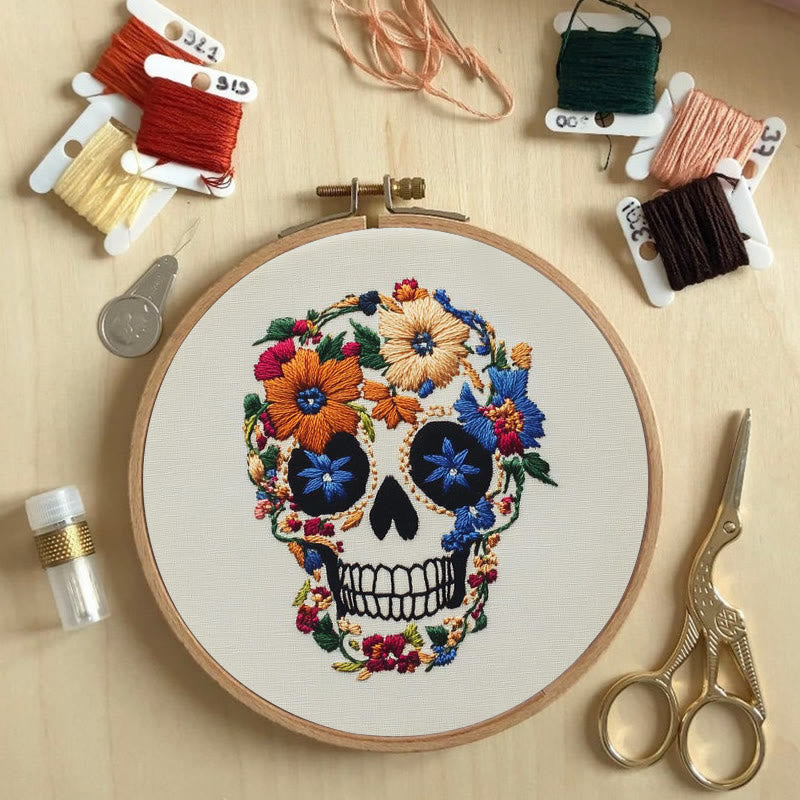 Rubbyoo Embroidery Kit -  Skull With Violet Flowers | Holiday Diy Craft Kit