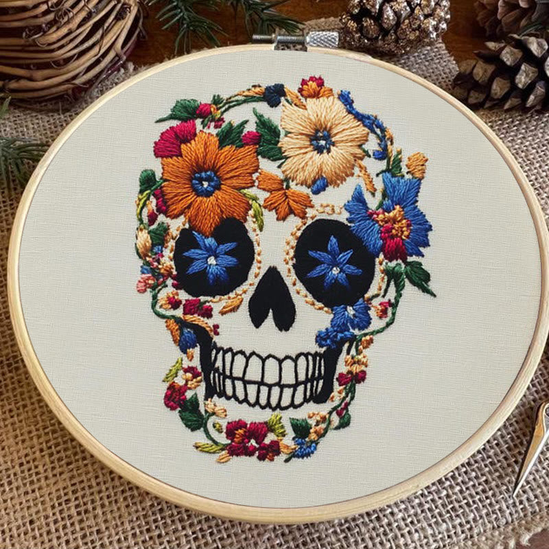 Rubbyoo Embroidery Kit -  Skull With Violet Flowers | Holiday Diy Craft Kit