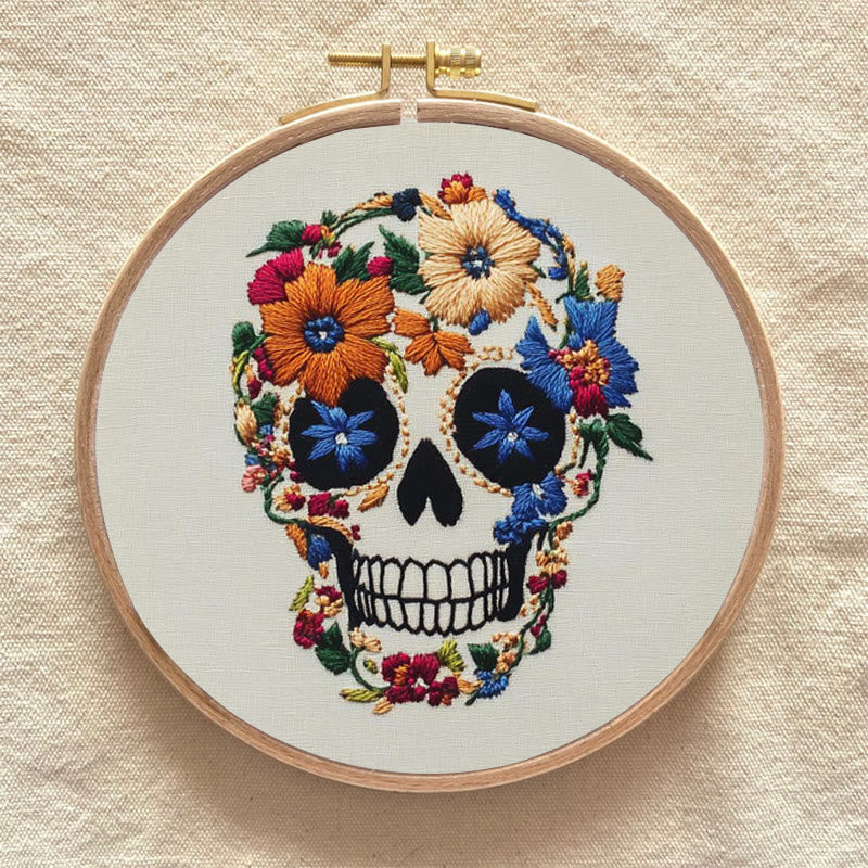 Rubbyoo Embroidery Kit -  Skull With Violet Flowers | Holiday Diy Craft Kit