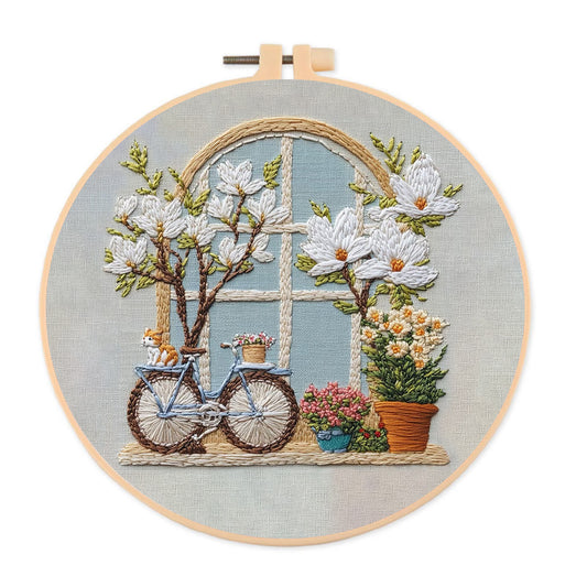 Rubbyoo Embroidery Kit -  Bicycle Parked By Window Full Of Flowers | Diy Craft Kits