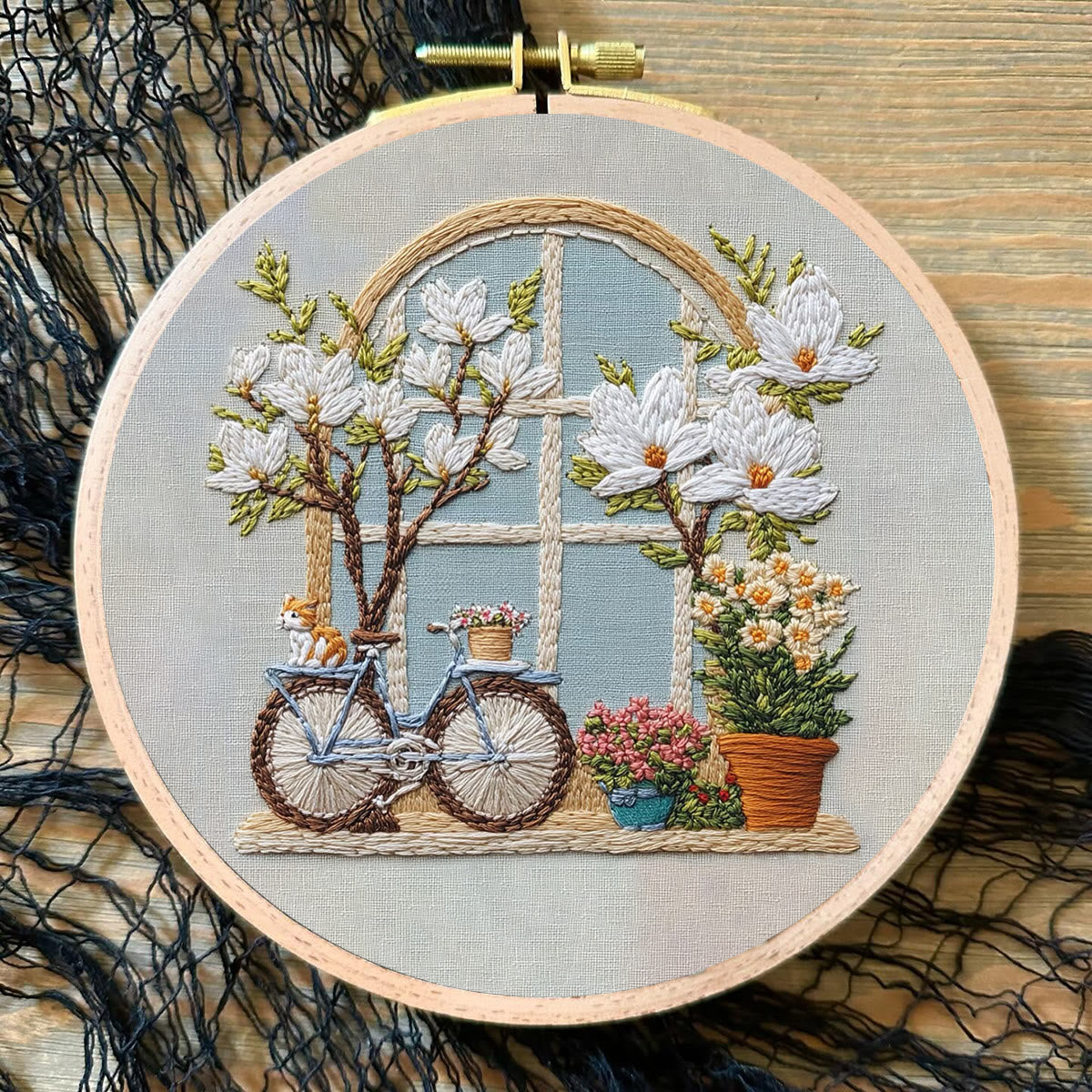 Rubbyoo Embroidery Kit -  Bicycle Parked By Window Full Of Flowers | Diy Craft Kits